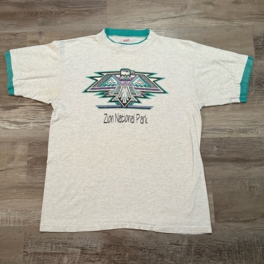 Utah Zion National Park gray and teal green ringer t-shirt single stitch XL - Picture 3 of 9